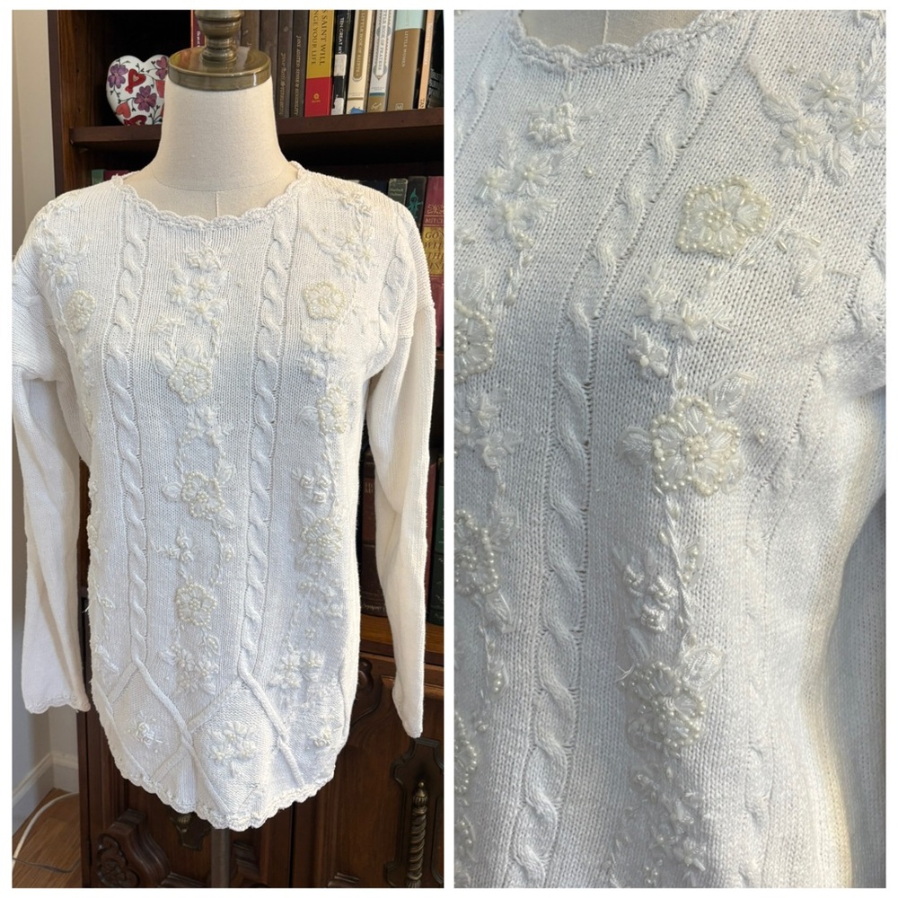 VTG Selleca Cable Knit White Pearl Embroidery Lace Hem Sweater SZ Small Fairy
